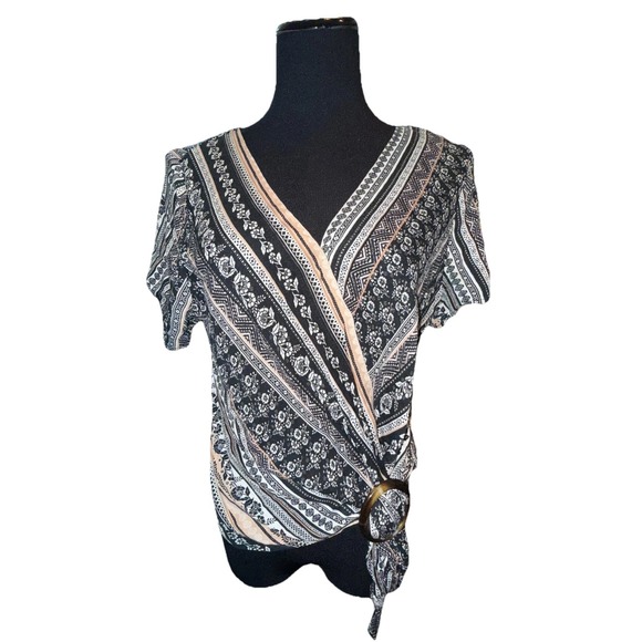 Casual Wear Tops - BCX Wrap Top Womens Medium Multicolor Floral Print V Neck Front Tie Casual Wear